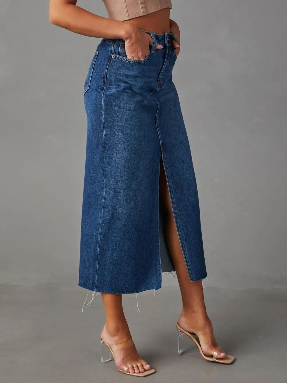 Raw Hem Front Slit Denim Midi Skirt (5)