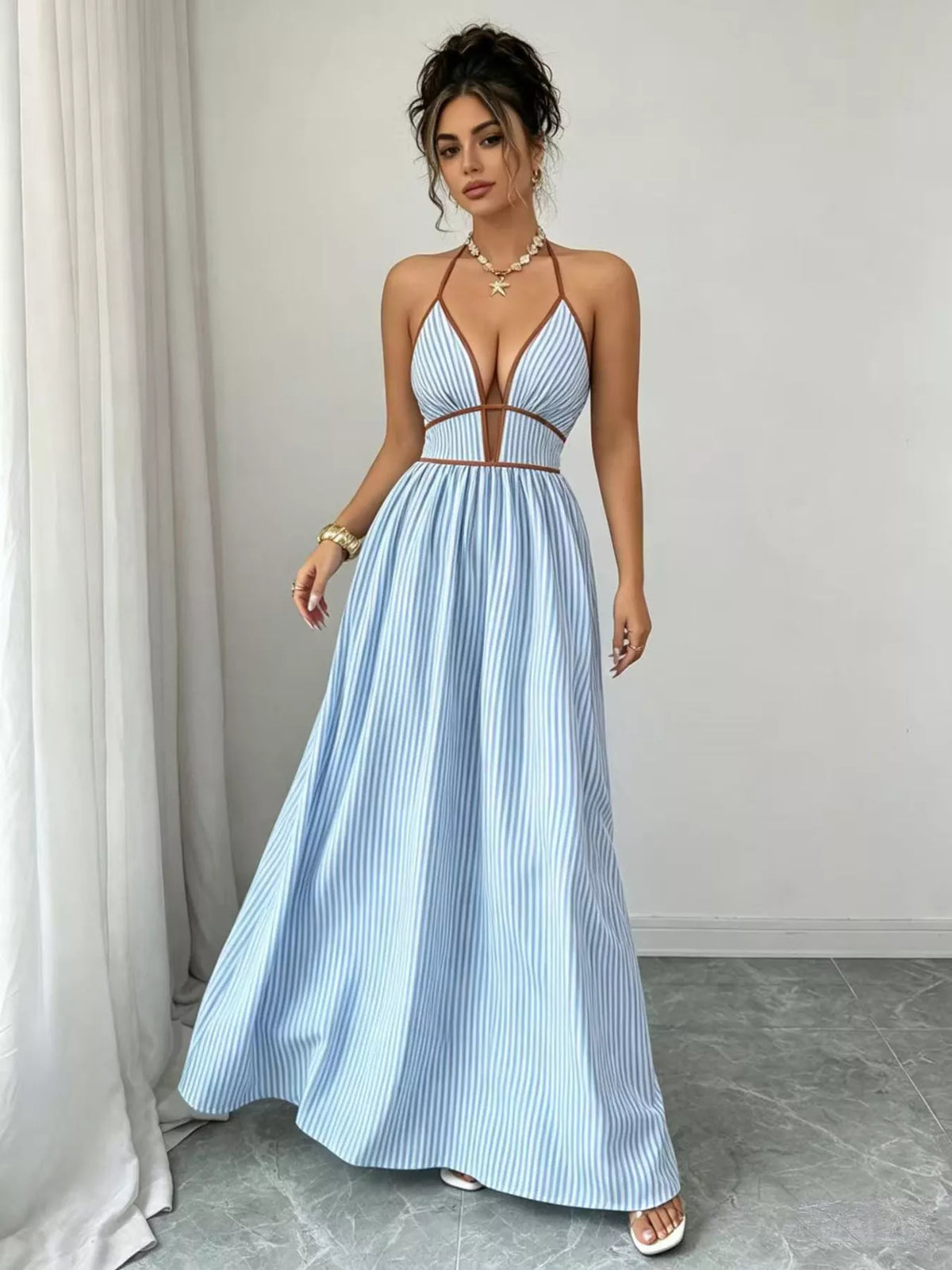 Striped Halter Neck Maxi Dress (2)