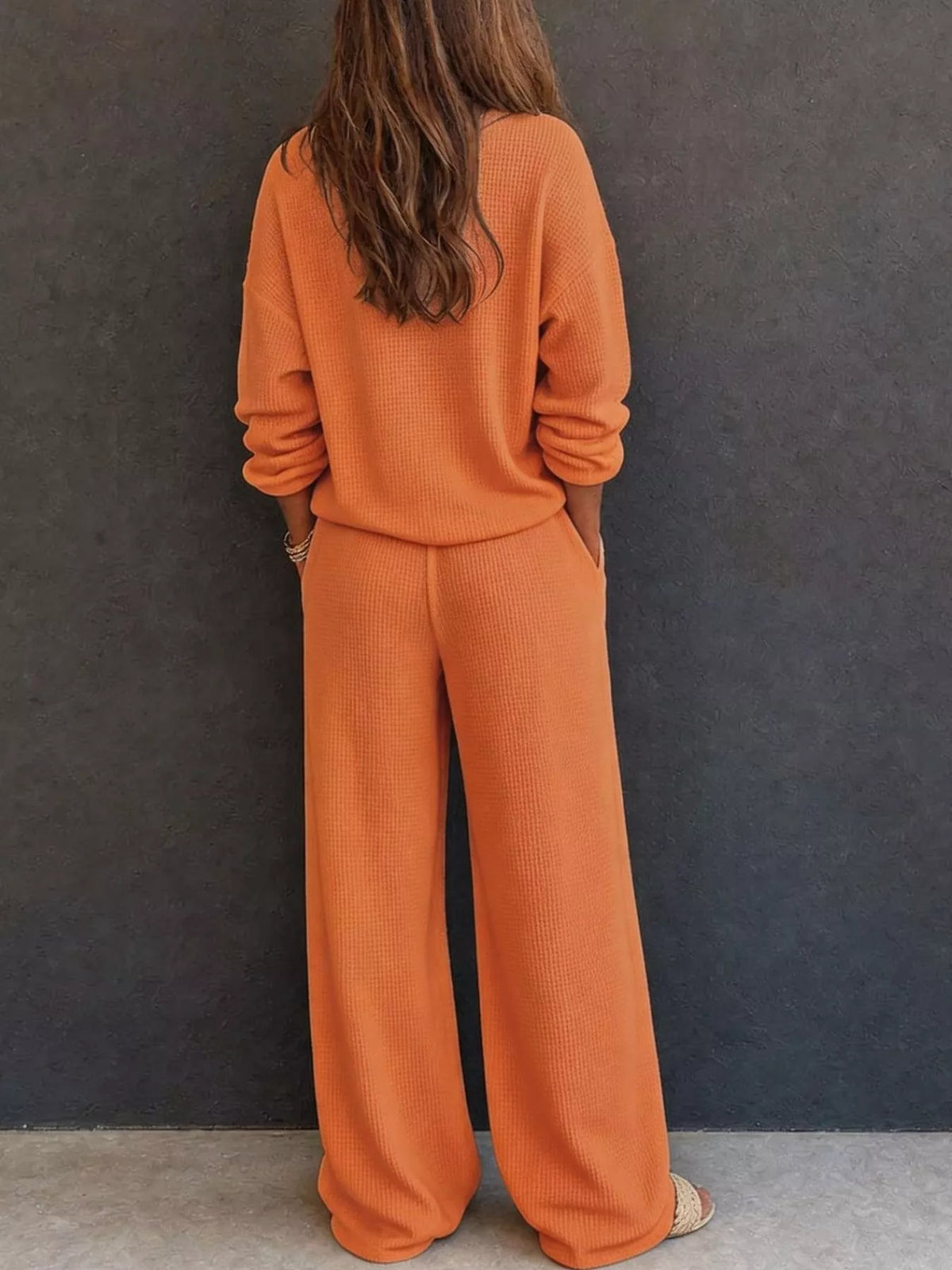 Waffle Knit Henley Top Wide Leg Pants Set (18)