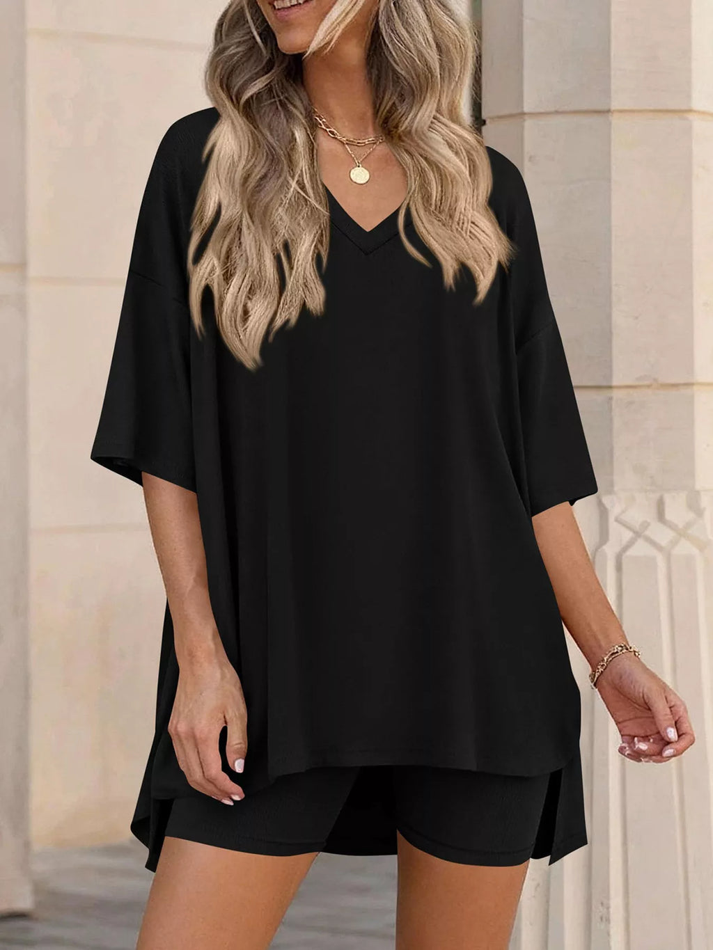 Full Size Casual Loose V-neck T-shirt Shorts Set Plus (6)