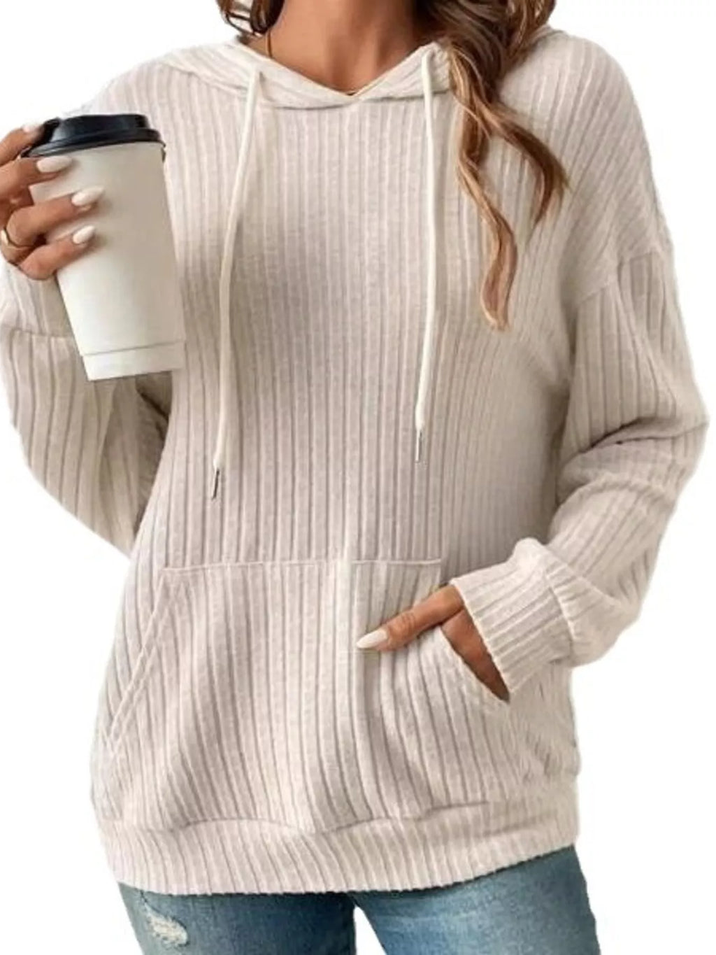 Ribbed Knit Long Sleeve Drawstring Hoodie (5)