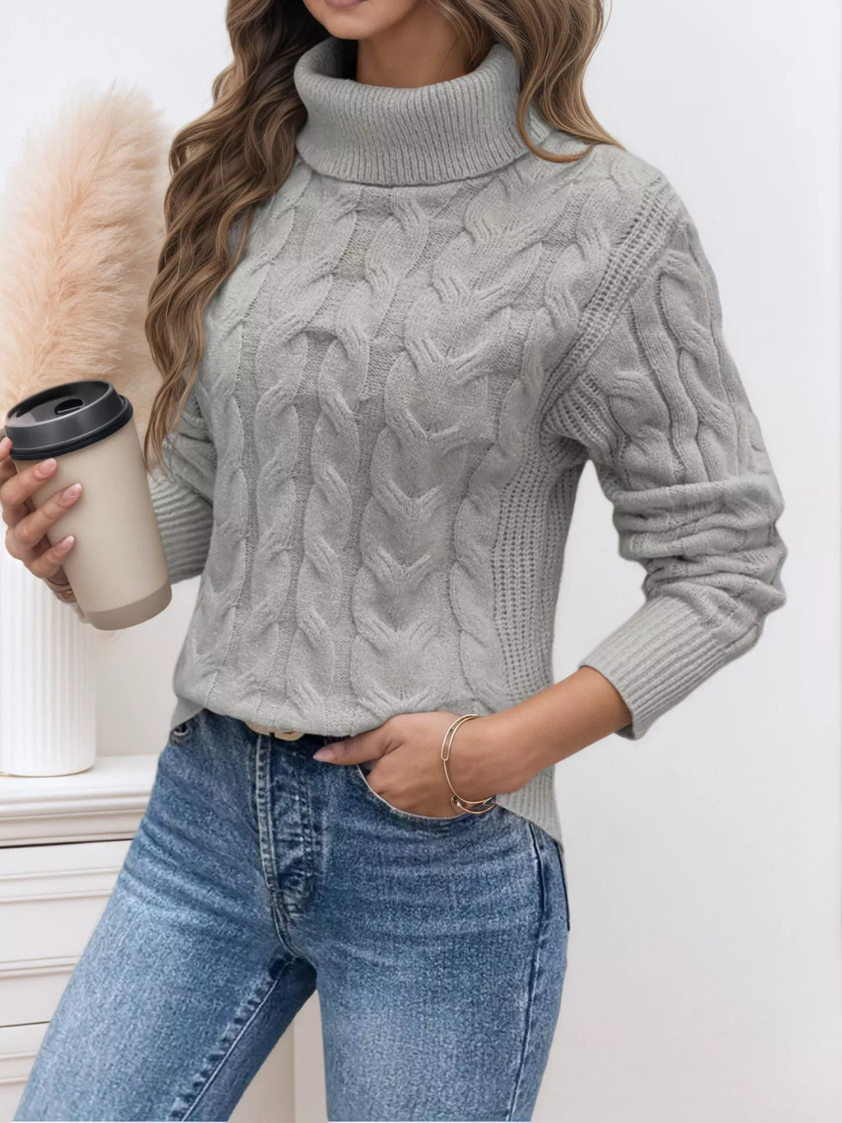 Cable Knit Turtleneck Long Sleeve Sweater (13)