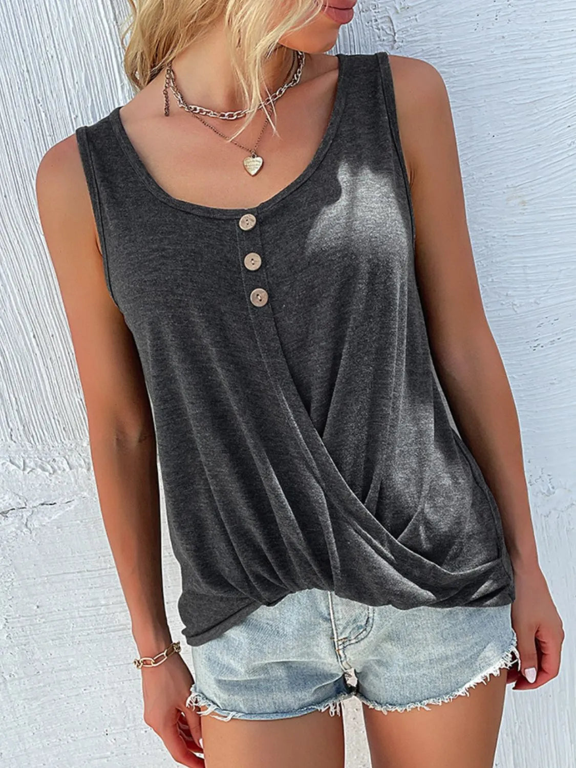 Full Size Decorative Button Round Neck Tank Plus (2)