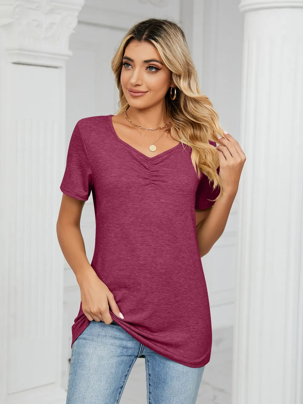 Ruched V-neck Short Sleeve T-shirt (7)
