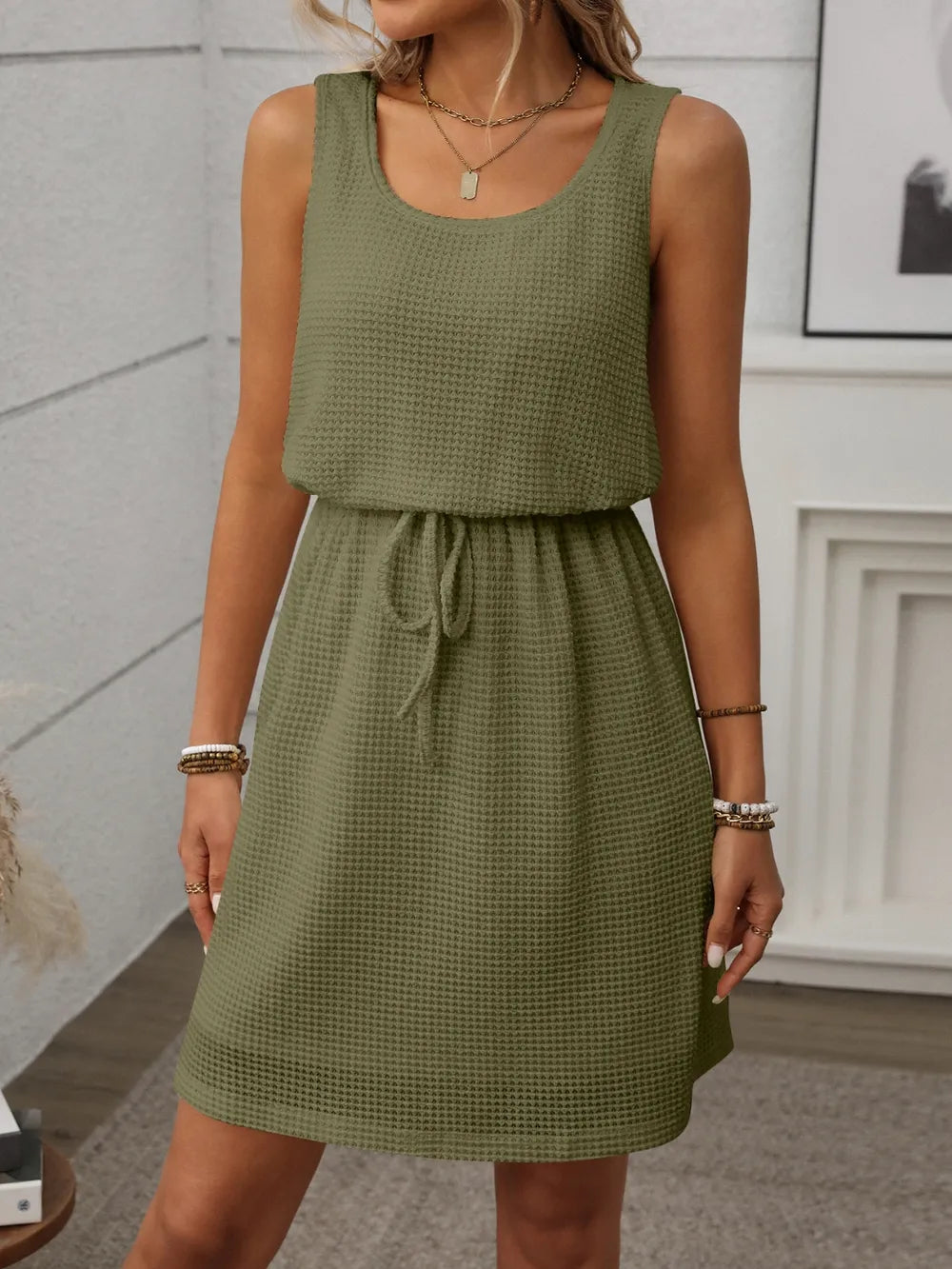 Waffle-knit Drawstring Mini Tank Dress (18)