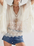 Lace V-neck Ruffle Long Sleeve Cover-up
