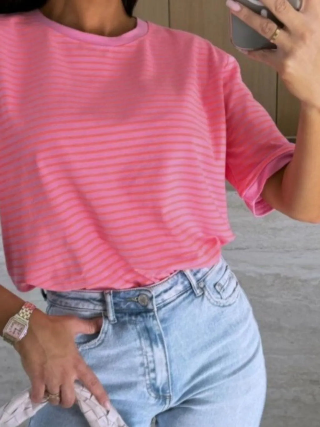 Striped Round Neck Short Sleeve T-shirt (16)