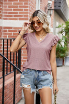Eyelet Flutter Sleeve Scalloped V-neck Top (13)