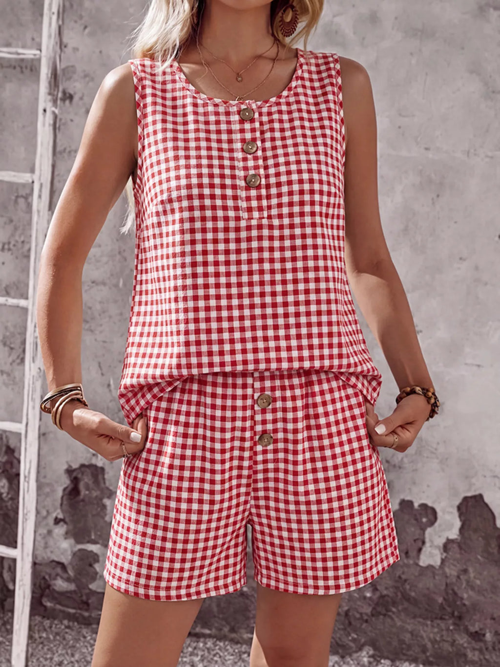 Gingham Sleeveless Top Shorts Set (16)