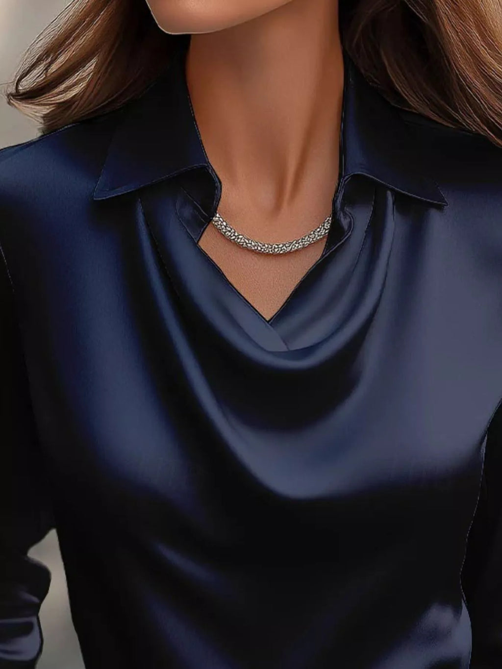 Ruched Long Sleeve Drape Collar Blouse (26)