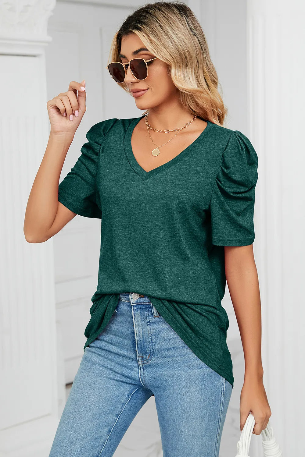 Heathered V-neck Puff Sleeve T-shirt (23)