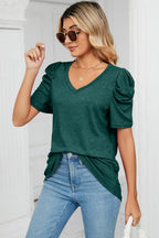 Heathered V-neck Puff Sleeve T-shirt (23)