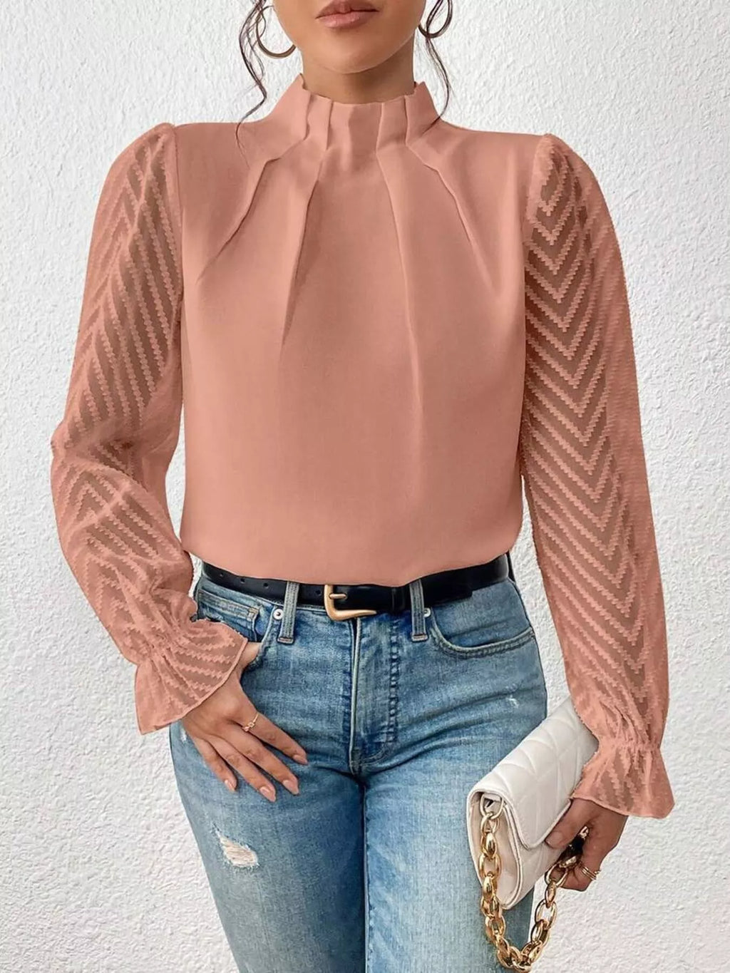 Mock Neck Sheer Lace Sleeve Blouse (20)
