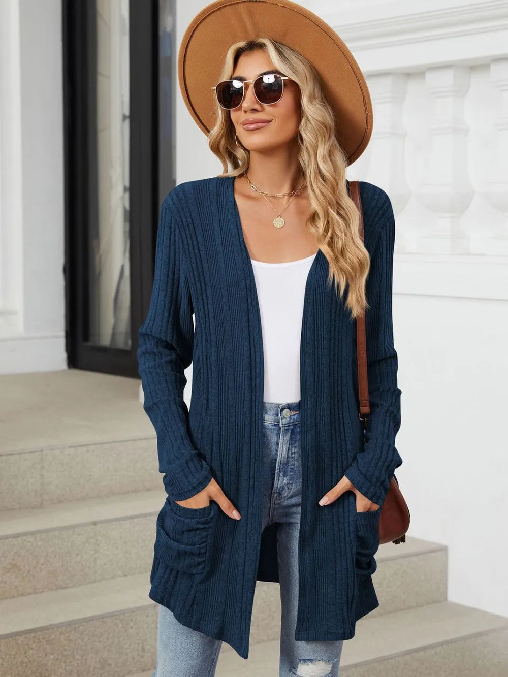 Pocketed Open Front Long Sleeve Cardigan (42)