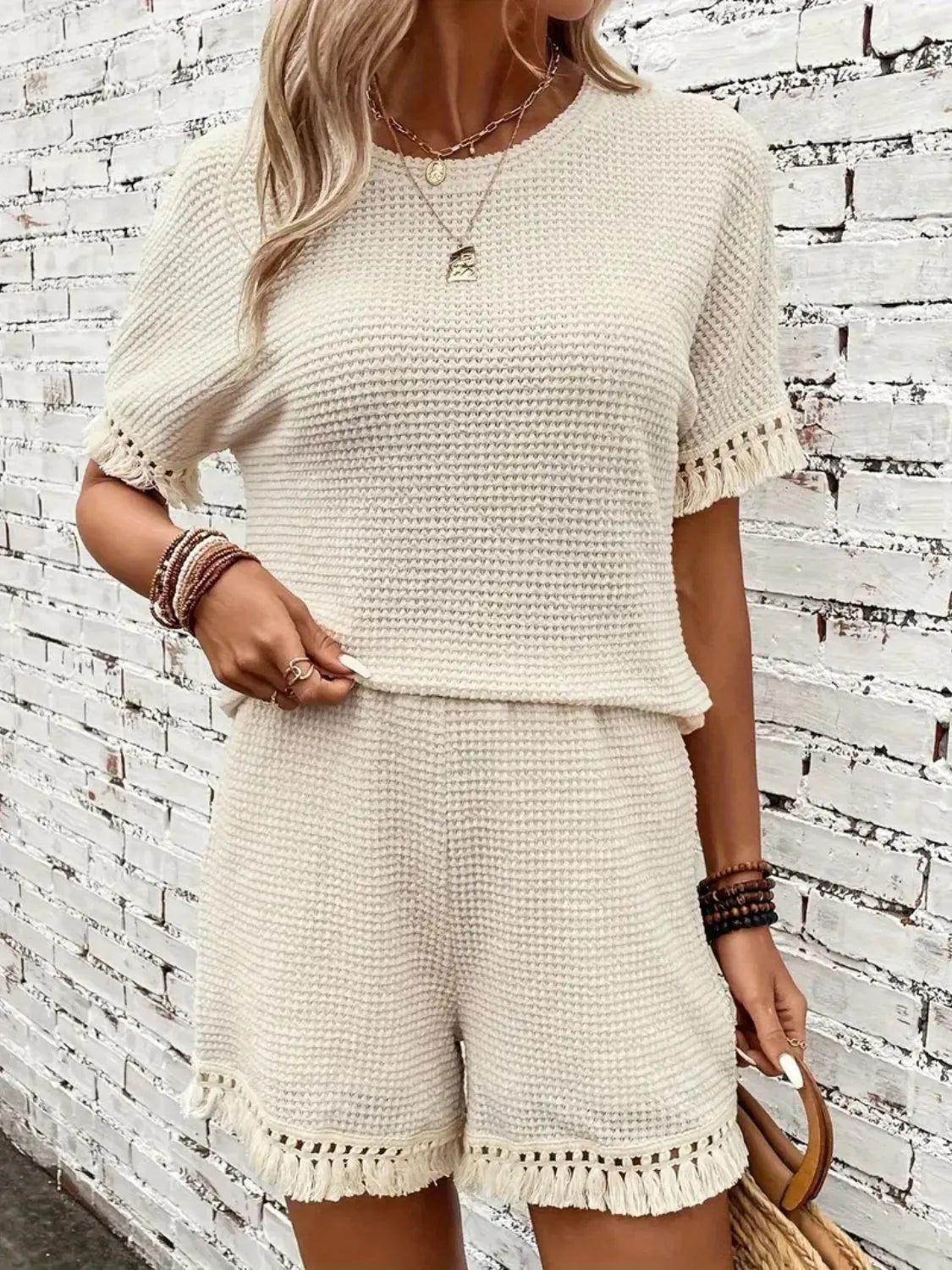 Tassel Round Neck Top Shorts Set (4)