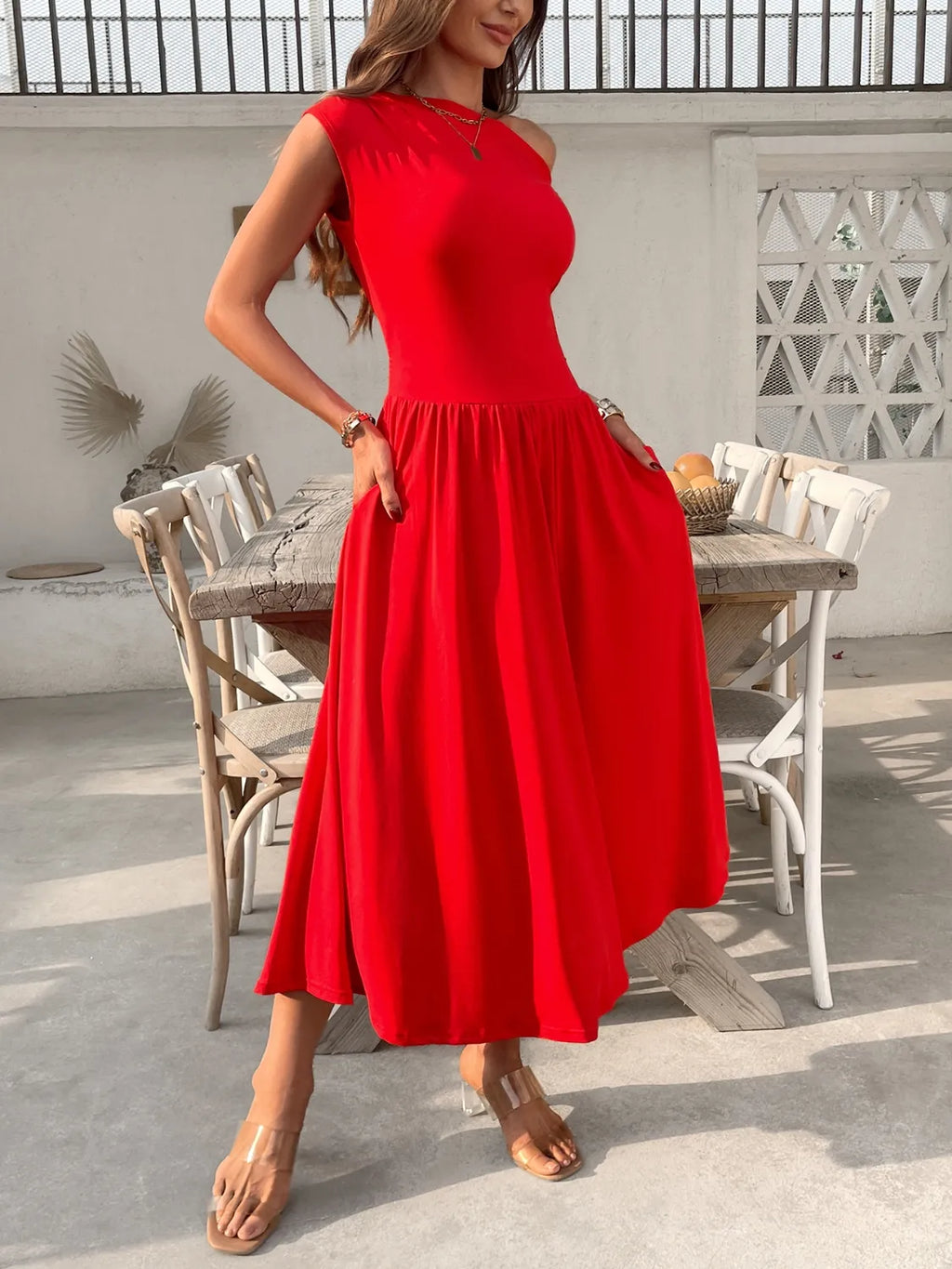 Single Shoulder Midi Dress Pockets (3)