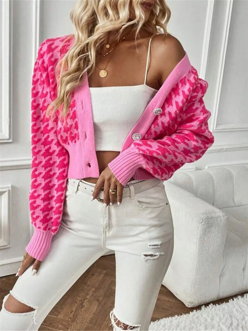 Houndstooth V-neck Button Up Cardigan (17)