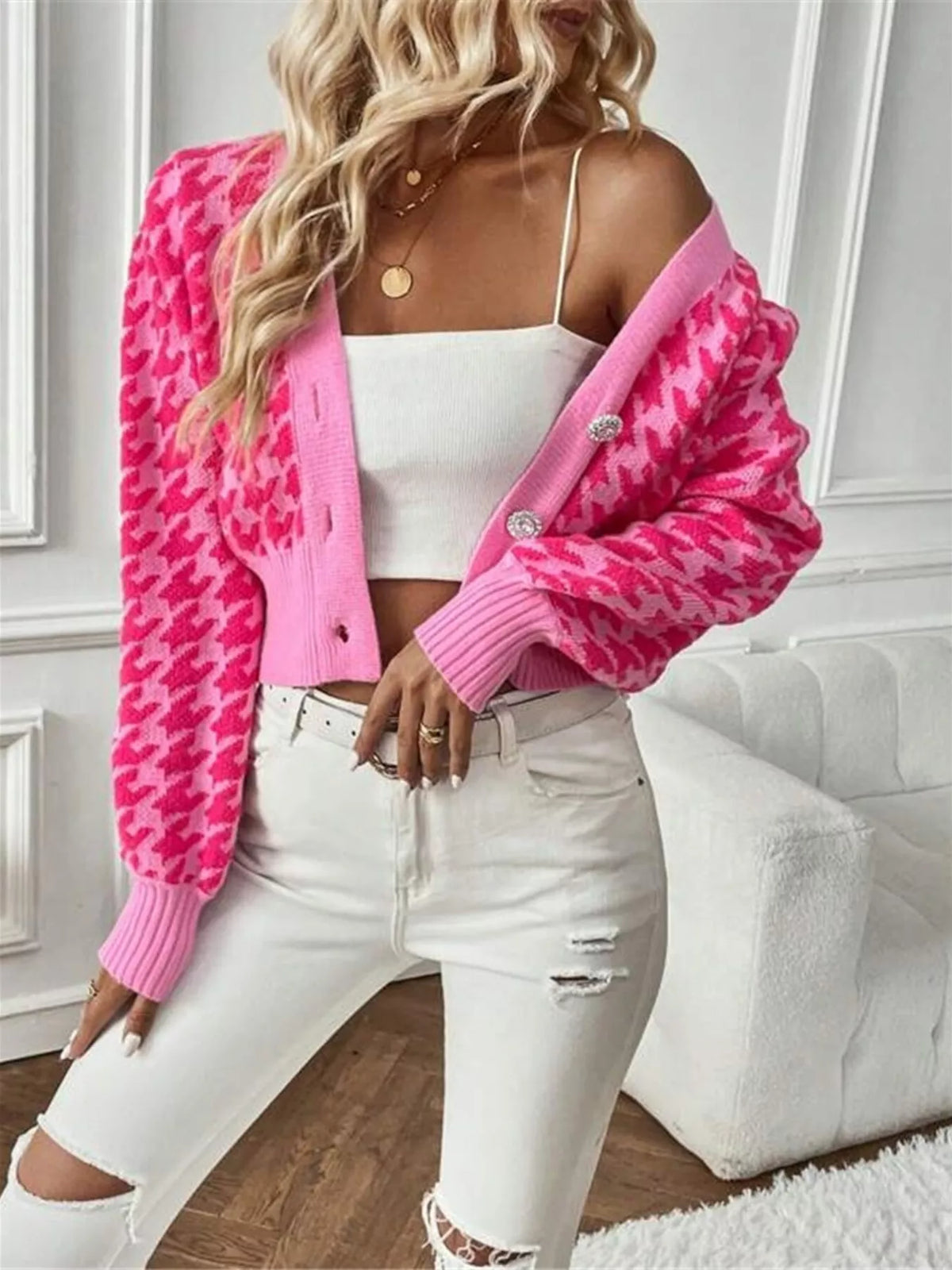 Houndstooth V-neck Button Up Cardigan (17)