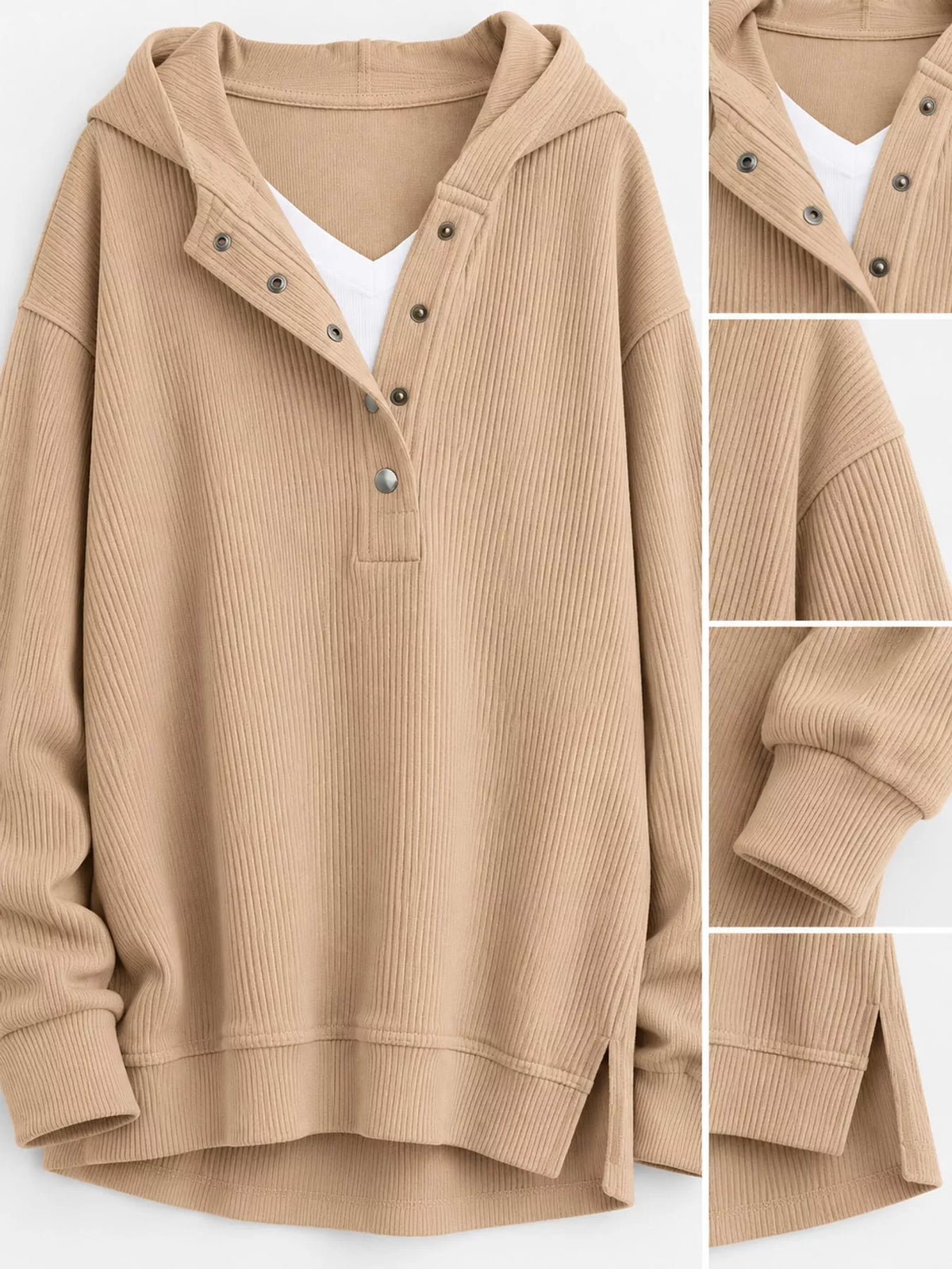 Full Size Snap Button Placket Dropped Shoulder Hoodie Plus (27)
