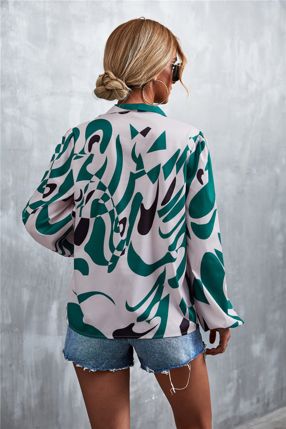 Printed Tie Neck Puff Sleeve Blouse (15)