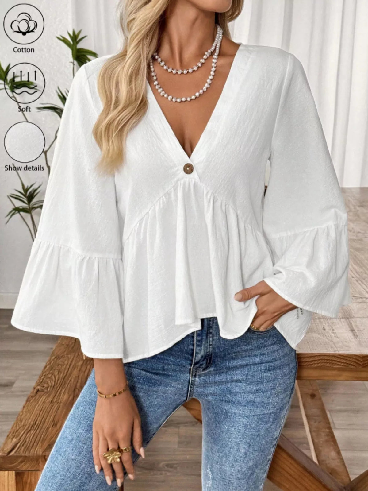 V-neck Bell Sleeve Blouse (2)