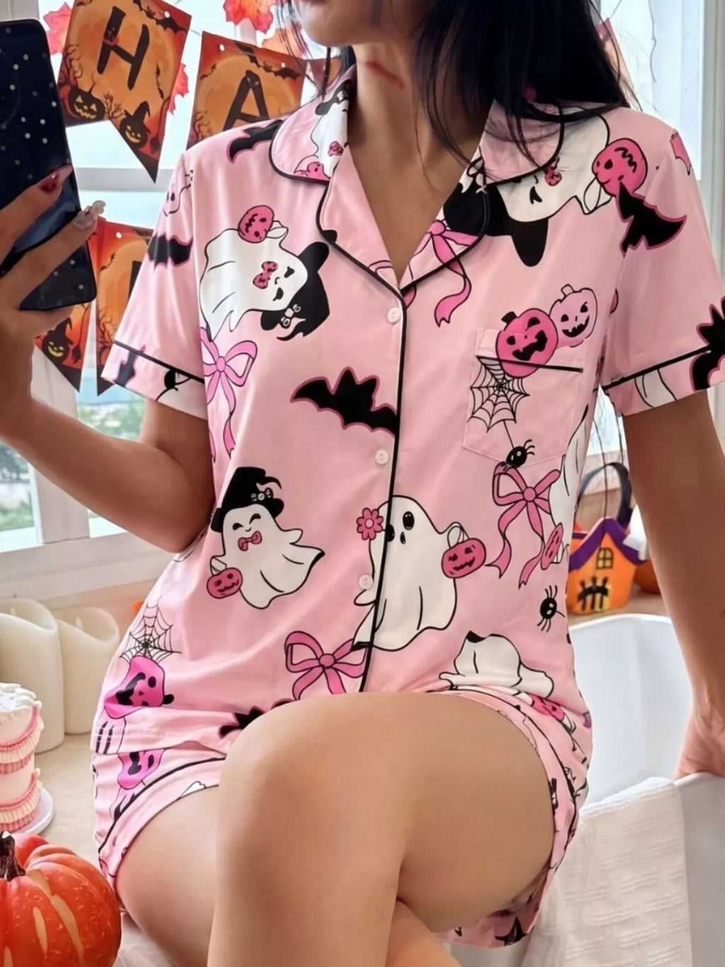 Halloween Ghost Print Button-down Top Shorts Lounge Set (7)