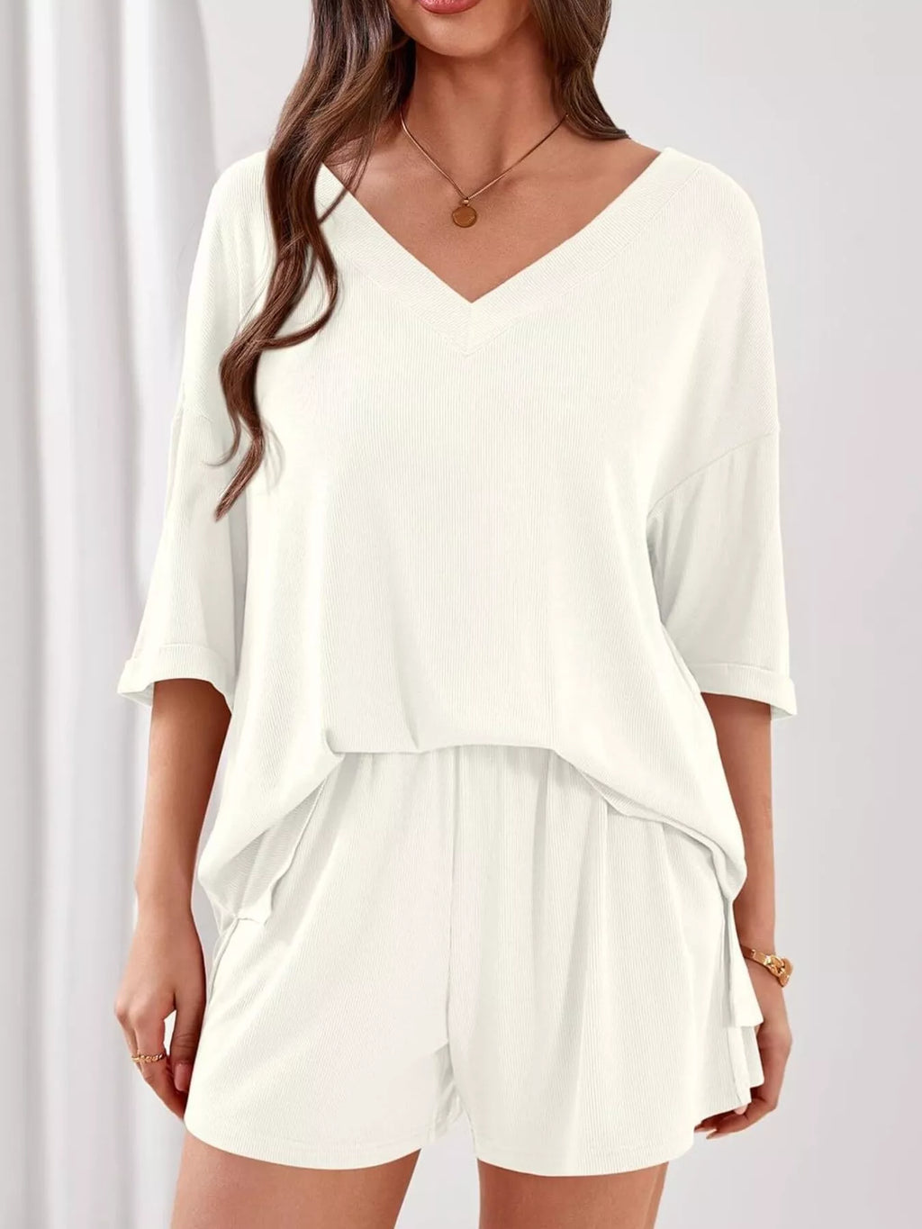 Casual Solid Color V-neck Top Shorts Set (27)