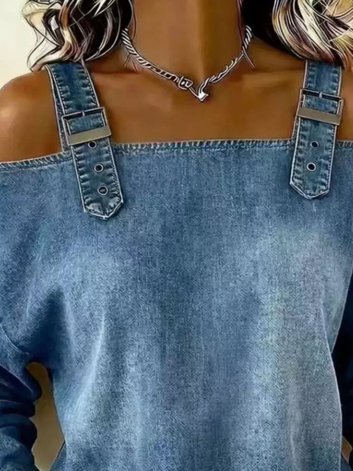 Full Size Buckle Strap Long Sleeve Denim Top Plus (5)