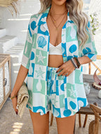 Printed Button Down Shirt Shorts Set