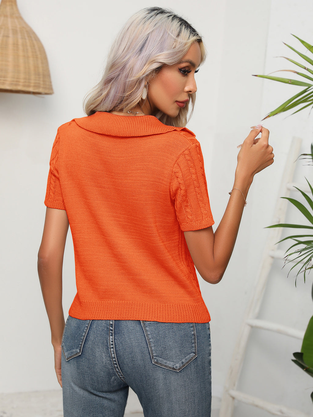 Cable-knit Johnny Collar Short Sleeve Knit Top (9)