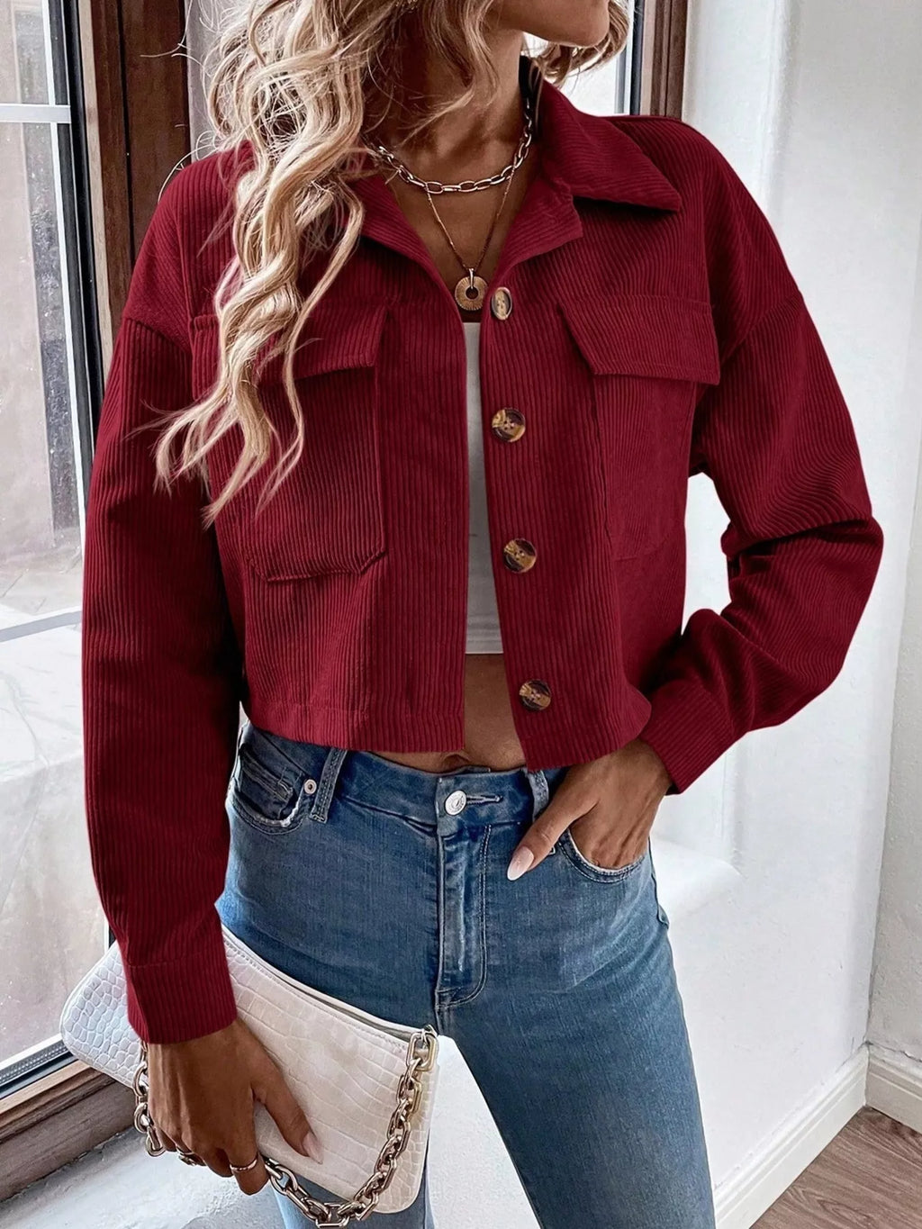 Cropped Corduroy Button-down Jacket (16)