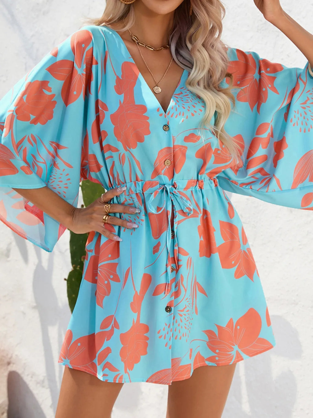 Block Drawstring Waist Button Up Dress (17)