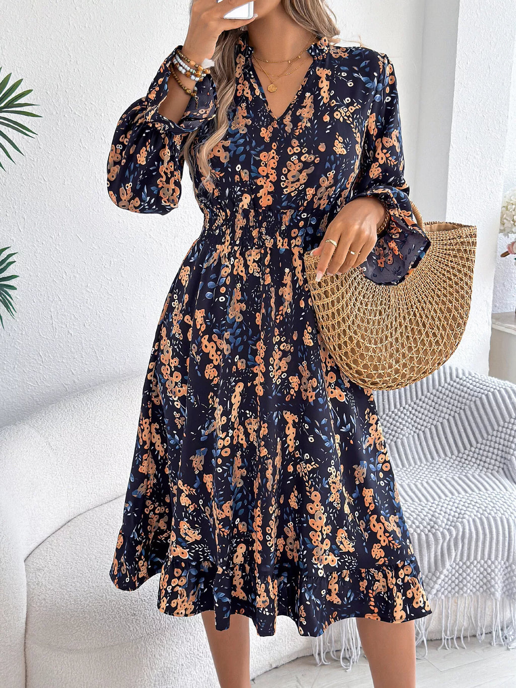 Floral Print Ruffle Hem Flounce Sleeve A-line Dress (2)