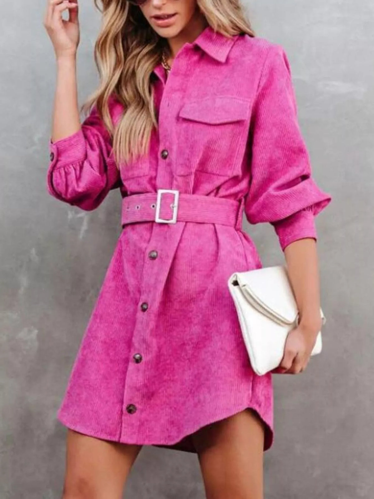 Button Front Belt Long Sleeve Corduroy Dress (4)