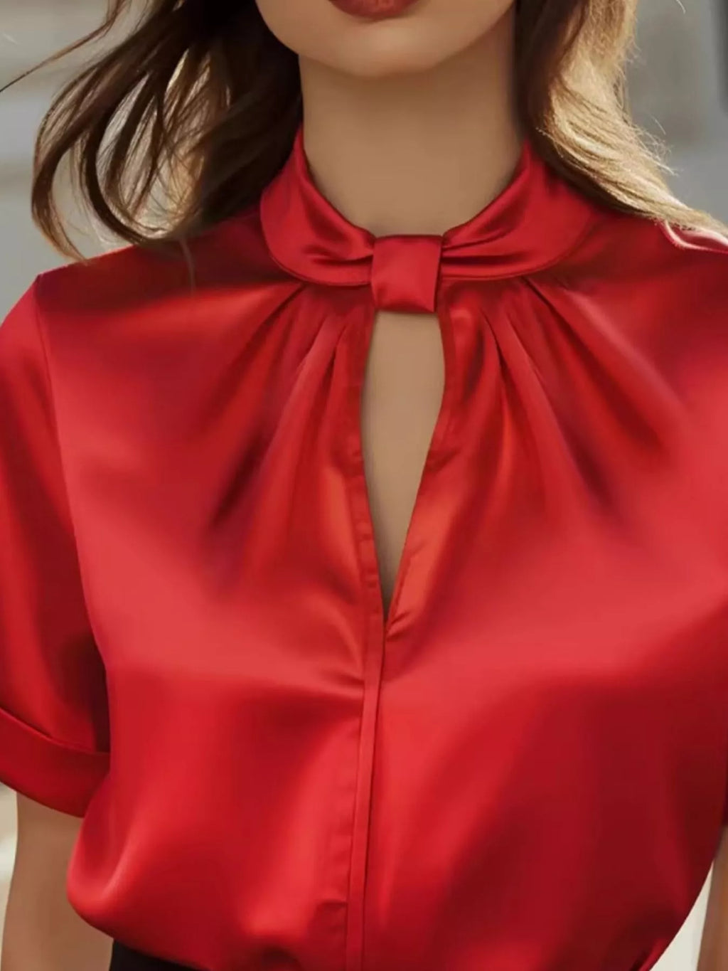 Satin Keyhole Short Sleeve Blouse (12)