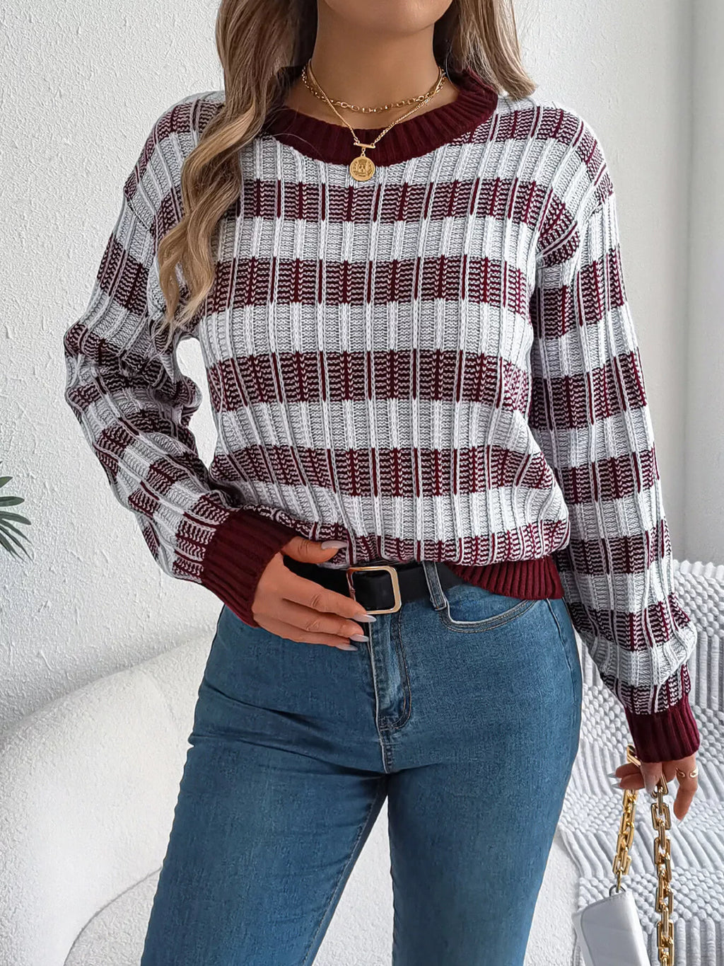 Striped Round Neck Long Sleeve Sweater (17)