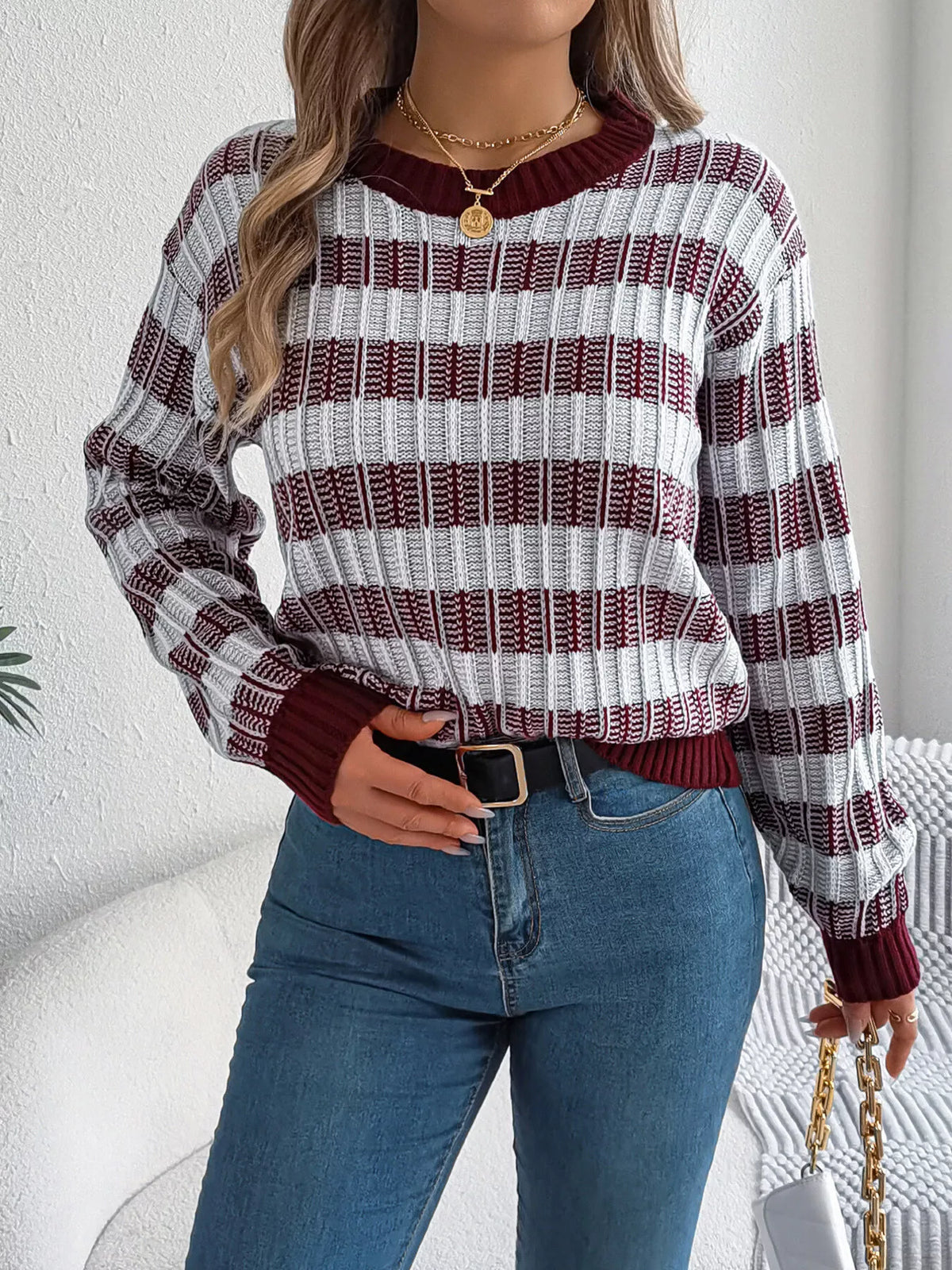 Striped Round Neck Long Sleeve Sweater (17)