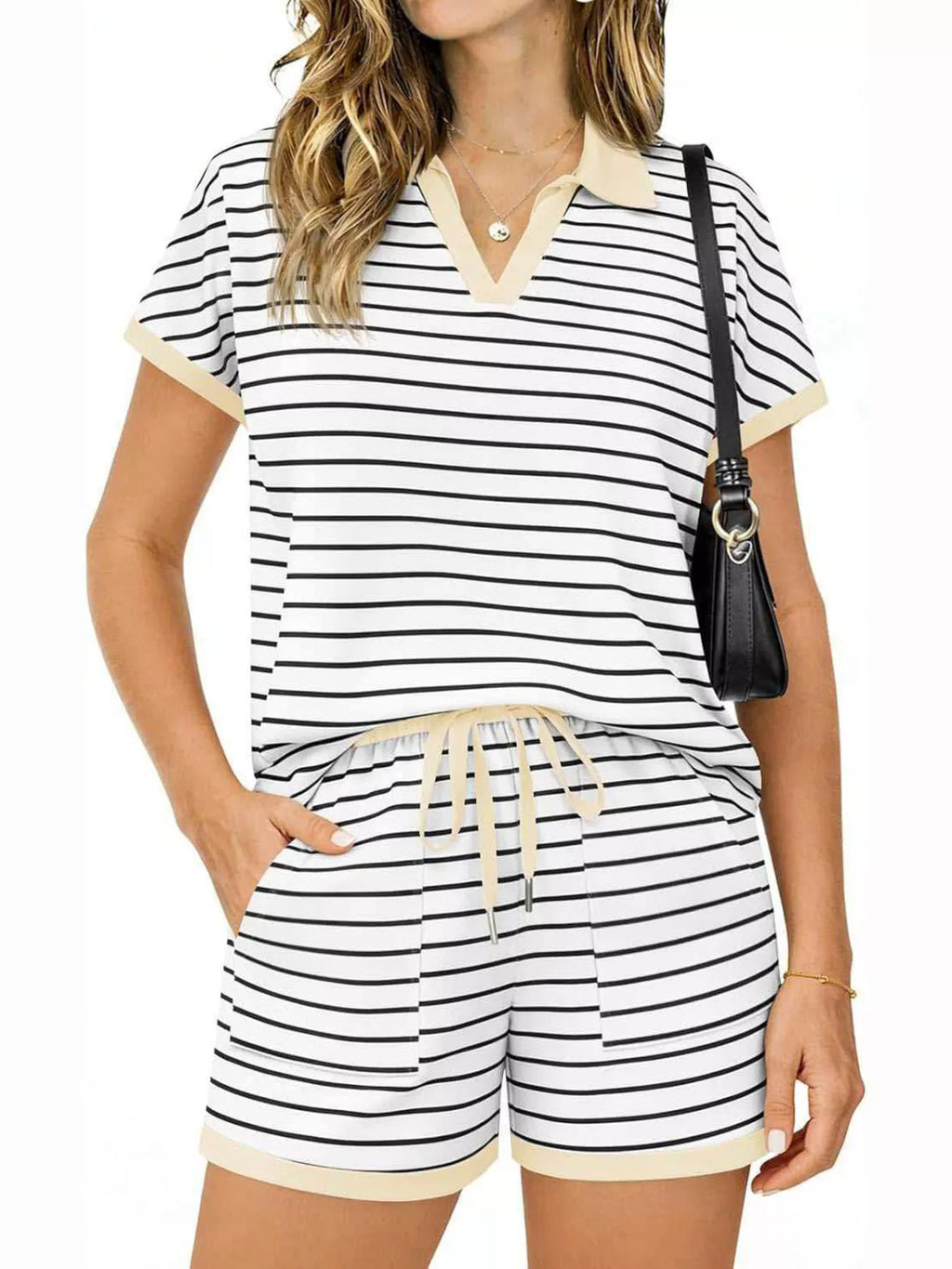 Striped Short Sleeve Polo Shorts Set (2)