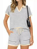 Striped Short Sleeve Polo Shorts Set (2)
