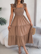 Smocked Square Neck Cap Sleeve Midi Dress (25)