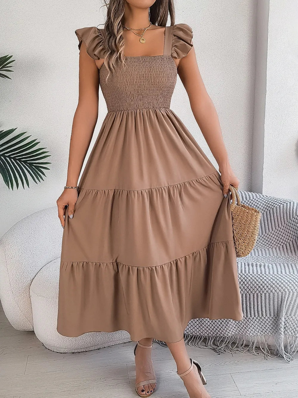 Smocked Square Neck Cap Sleeve Midi Dress (25)