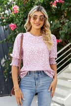 Polka Dot Round Neck Lantern Sleeve Blouse (2)