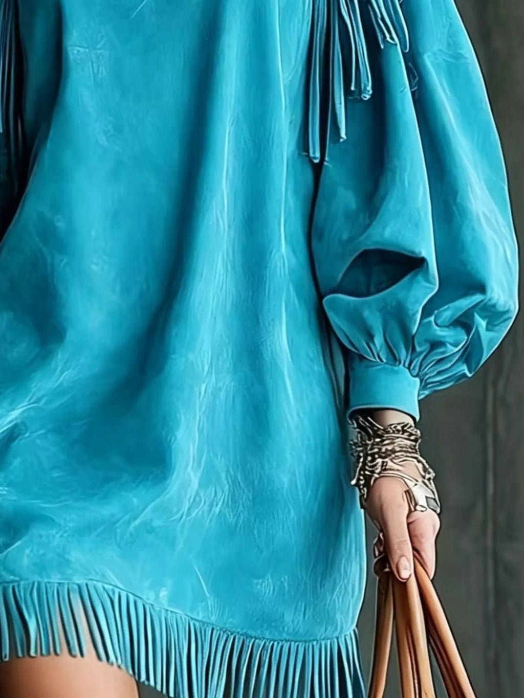Fringe Detail Lantern Sleeve Mini Dress (12)