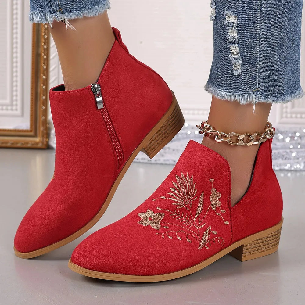 Embroidered Suede Point Toe Block Heel Boots (4)
