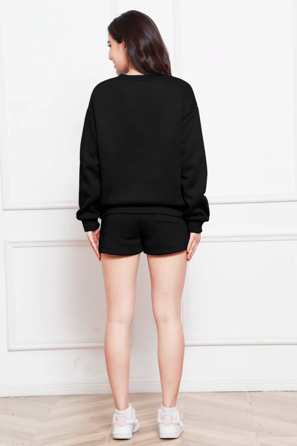Round Neck Long Sleeve Sweatshirt Drawstring Shorts Set (9)