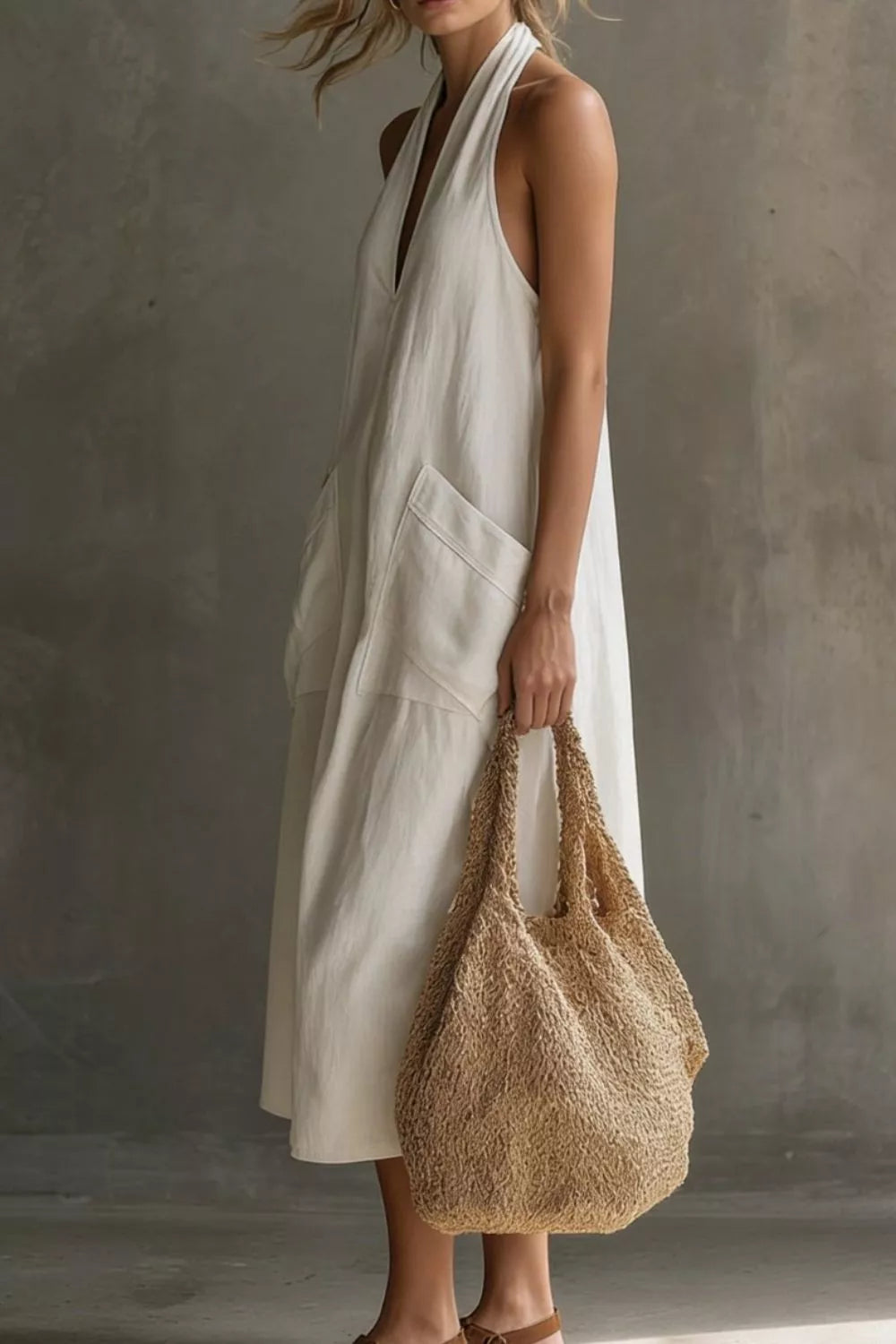 Casual Halter Neck Pocket Midi Dress (9)
