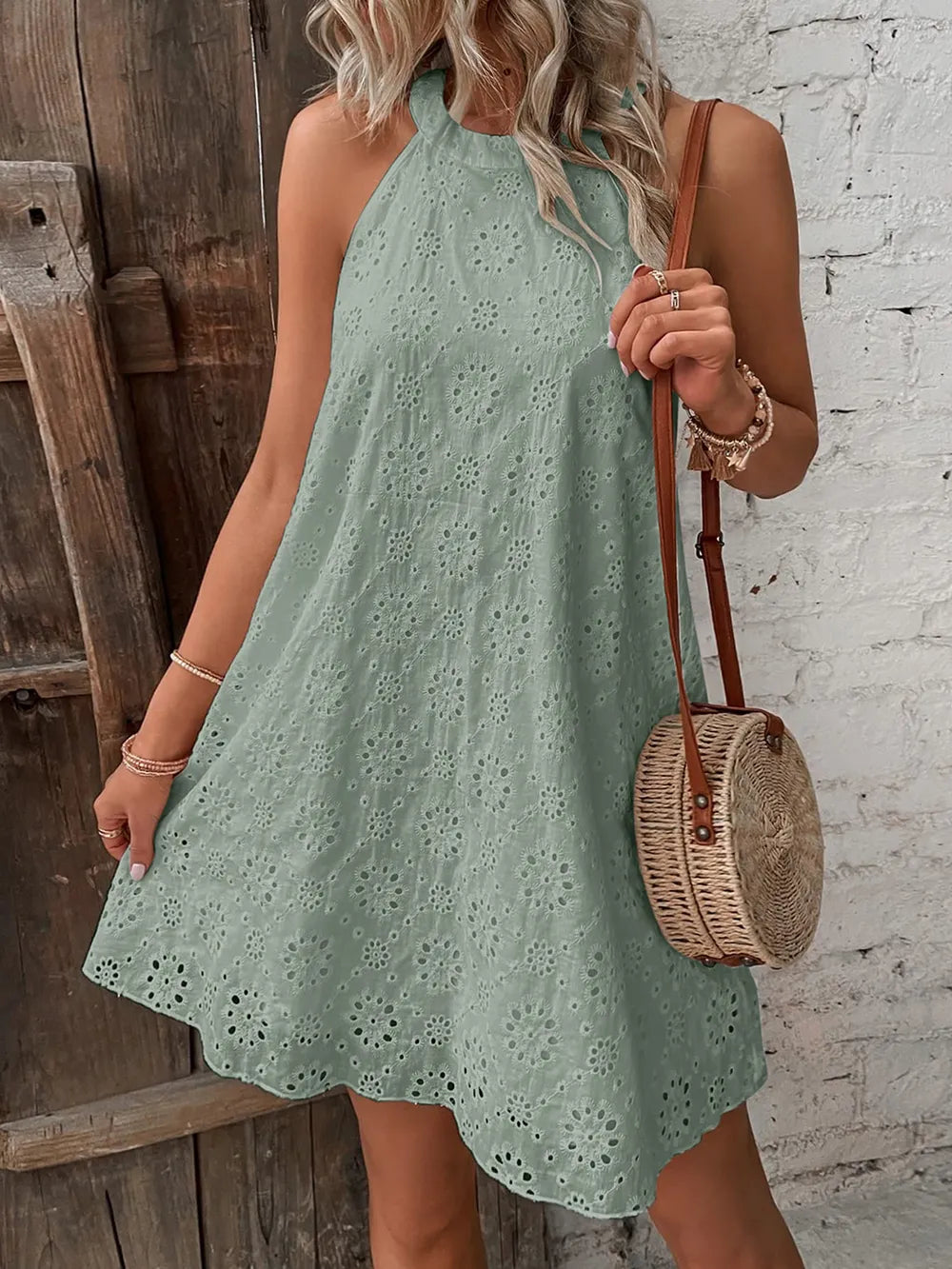 Eyelet Grecian Neck Mini Dress (9)