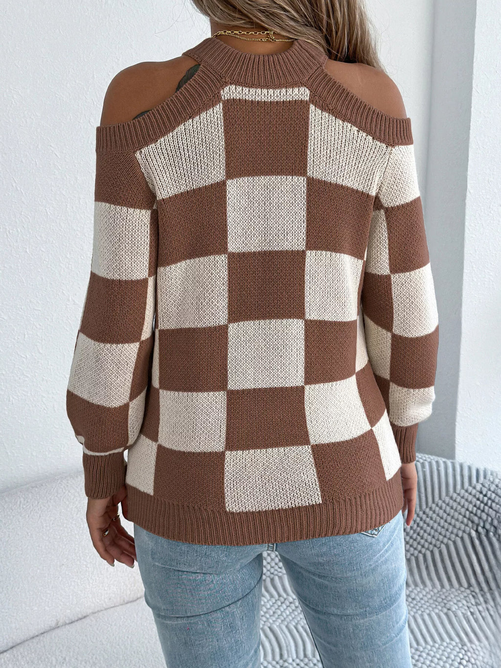 Cold Shoulder Checkered Long Sleeve Sweater (10)