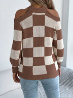 Cold Shoulder Checkered Long Sleeve Sweater (10)