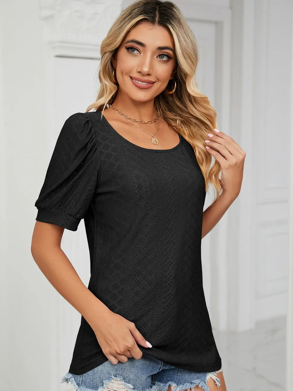 Ruched Notched Long Sleeve T-shirt (7)